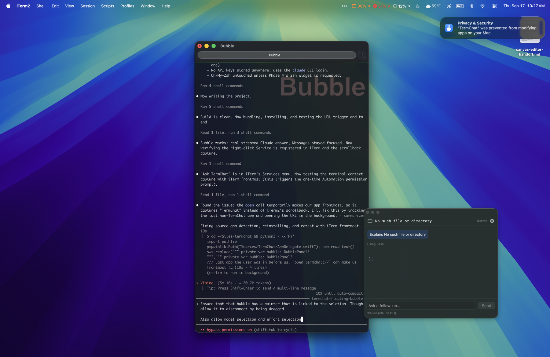 TermChat's floating chat bubble open next to highlighted text in iTerm2, with model and reasoning-effort pickers in the footer.